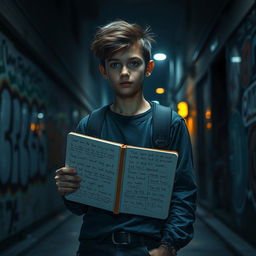 An emotional scene depicting the untold story of a teenager, showing a young person standing alone in a dimly lit urban alleyway, wearing stylish yet casual clothing, holding a notebook filled with sketches and writings