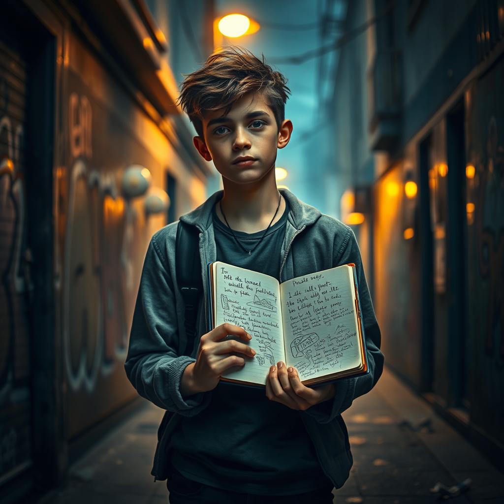 An emotional scene depicting the untold story of a teenager, showing a young person standing alone in a dimly lit urban alleyway, wearing stylish yet casual clothing, holding a notebook filled with sketches and writings