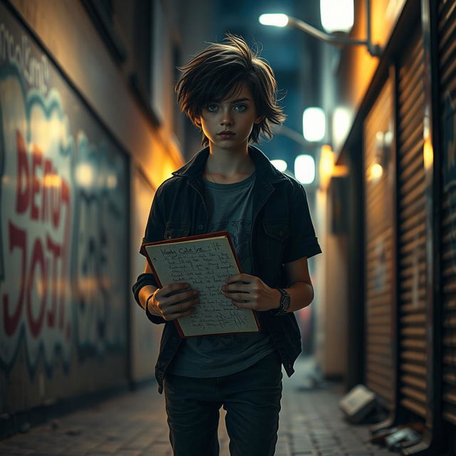 An emotional scene depicting the untold story of a teenager, showing a young person standing alone in a dimly lit urban alleyway, wearing stylish yet casual clothing, holding a notebook filled with sketches and writings