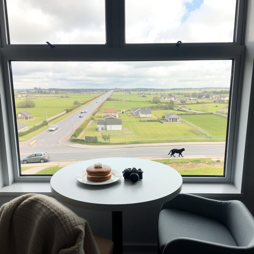 A cozy table set next to a large window overlooking the city