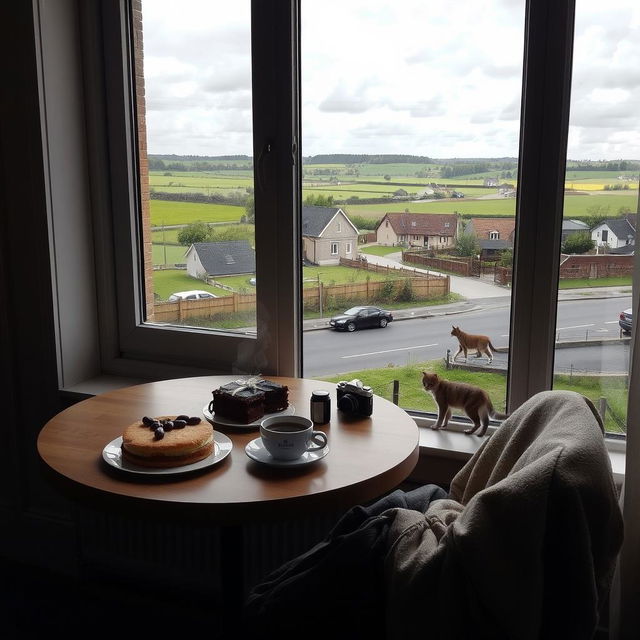 A cozy table set next to a large window overlooking the city