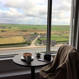 A cozy table set next to a large window overlooking the city