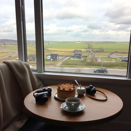 A cozy table set next to a large window overlooking the city