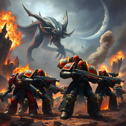A dynamic scene depicting an epic battle in the Warhammer universe, featuring armored Space Marines in vibrant power armor, wielding futuristic weapons amidst a dystopian landscape filled with towering ruins and explosive fire