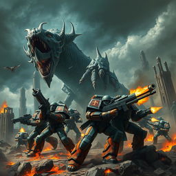A dynamic scene depicting an epic battle in the Warhammer universe, featuring armored Space Marines in vibrant power armor, wielding futuristic weapons amidst a dystopian landscape filled with towering ruins and explosive fire