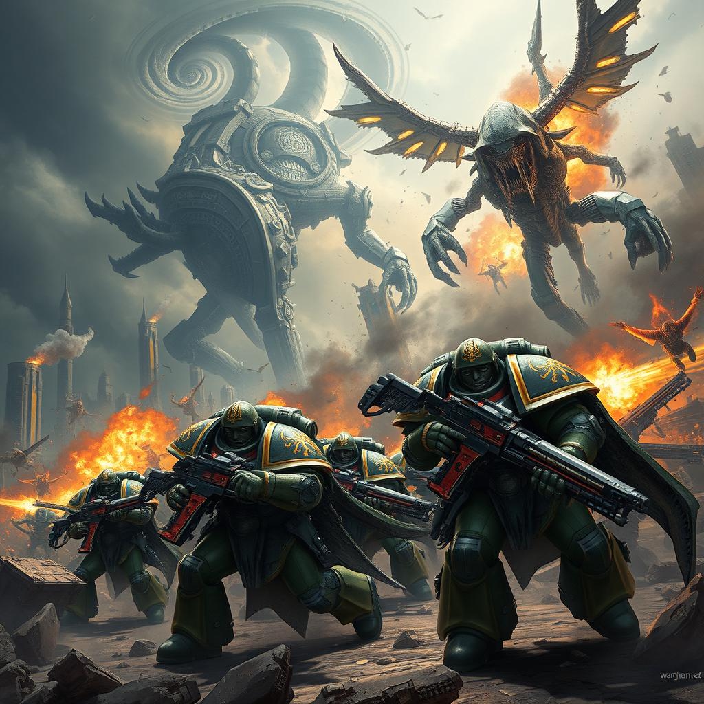 A dynamic scene depicting an epic battle in the Warhammer universe, featuring armored Space Marines in vibrant power armor, wielding futuristic weapons amidst a dystopian landscape filled with towering ruins and explosive fire