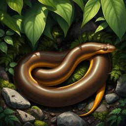 A detailed illustration of a caecilian, a unique limbless amphibian, showcased in a lush rainforest environment