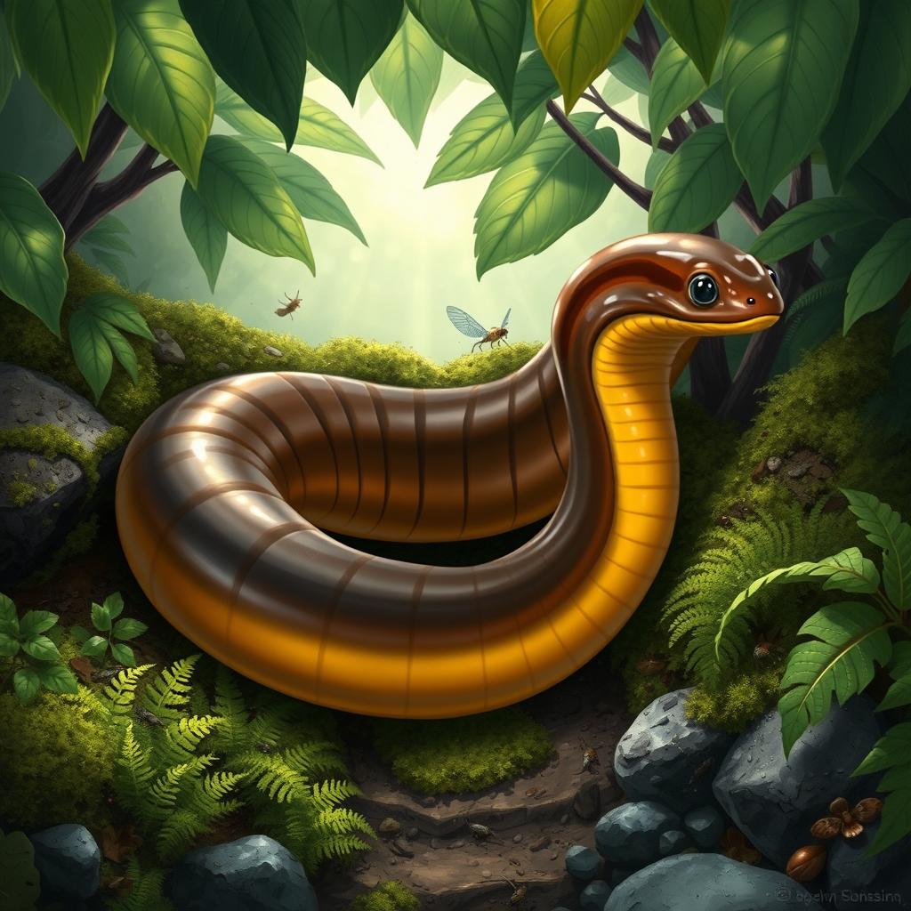 A detailed illustration of a caecilian, a unique limbless amphibian, showcased in a lush rainforest environment