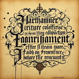 An intricate Warhammer-inspired calligraphy piece featuring elaborate, gothic lettering and flourishing designs