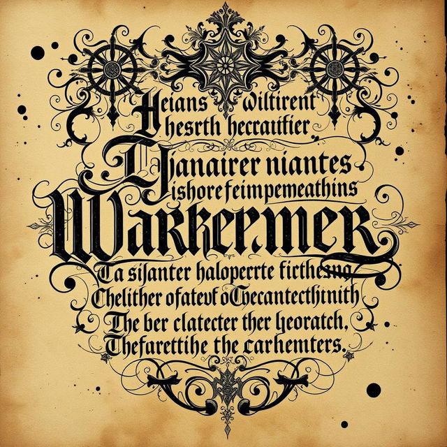 An intricate Warhammer-inspired calligraphy piece featuring elaborate, gothic lettering and flourishing designs