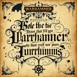 An intricate Warhammer-inspired calligraphy piece featuring elaborate, gothic lettering and flourishing designs