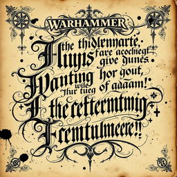 An intricate Warhammer-inspired calligraphy piece featuring elaborate, gothic lettering and flourishing designs