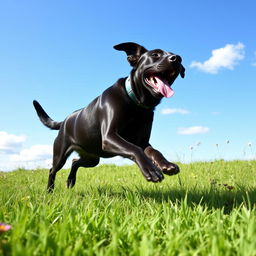 A joyful black Labrador Retriever playing in a lush green field under a clear blue sky