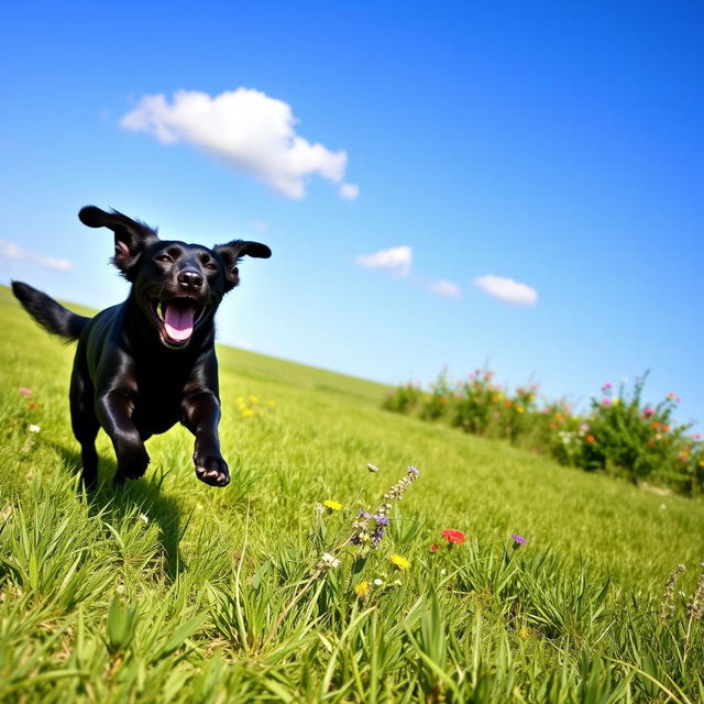 A joyful black Labrador Retriever playing in a lush green field under a clear blue sky