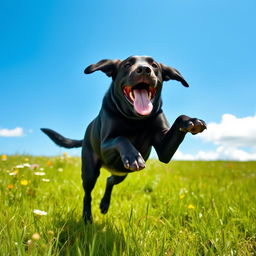 A joyful black Labrador Retriever playing in a lush green field under a clear blue sky