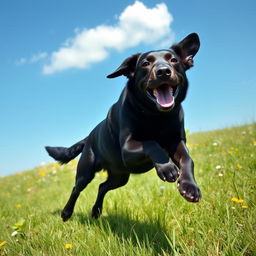 A joyful black Labrador Retriever playing in a lush green field under a clear blue sky
