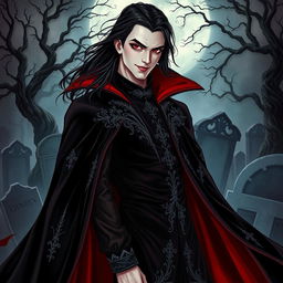 A striking vampire character, elegantly portrayed in a gothic style, dressed in an elaborate black velvet cape that cascades to the floor, adorned with intricate silver embroidery