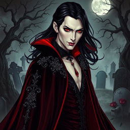 A striking vampire character, elegantly portrayed in a gothic style, dressed in an elaborate black velvet cape that cascades to the floor, adorned with intricate silver embroidery