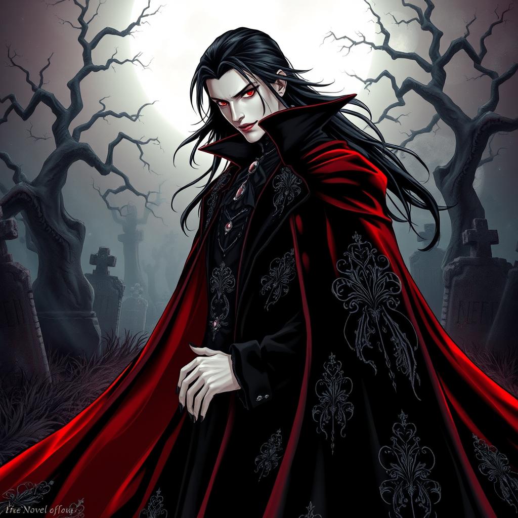 A striking vampire character, elegantly portrayed in a gothic style, dressed in an elaborate black velvet cape that cascades to the floor, adorned with intricate silver embroidery