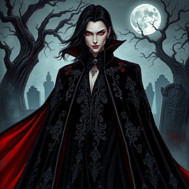 A striking vampire character, elegantly portrayed in a gothic style, dressed in an elaborate black velvet cape that cascades to the floor, adorned with intricate silver embroidery