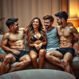 A young attractive woman passionately interacting with three attractive young men on a cozy sofa