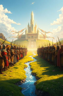 An epic fantasy scene depicting a war that emphasizes peace, harmony, and the absence of harm