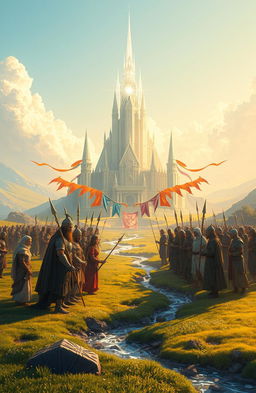 An epic fantasy scene depicting a war that emphasizes peace, harmony, and the absence of harm