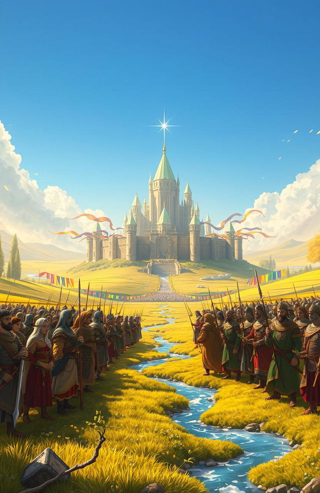 An epic fantasy scene depicting a war that emphasizes peace, harmony, and the absence of harm