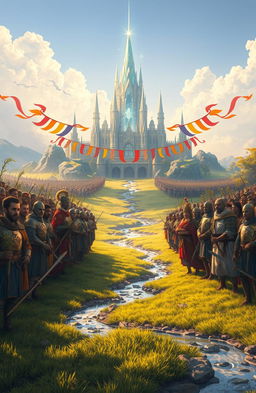 An epic fantasy scene depicting a war that emphasizes peace, harmony, and the absence of harm