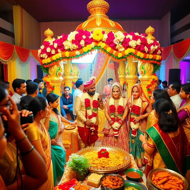 A vibrant Indian wedding scene showcasing the duality of traditions, featuring both a traditional ceremony with richly adorned brides and grooms in elaborate outfits, surrounded by colorful decorations, and a modern aspect with guests in contemporary attire mingling around