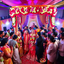 A vibrant Indian wedding scene showcasing the duality of traditions, featuring both a traditional ceremony with richly adorned brides and grooms in elaborate outfits, surrounded by colorful decorations, and a modern aspect with guests in contemporary attire mingling around