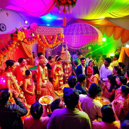 A vibrant Indian wedding scene showcasing the duality of traditions, featuring both a traditional ceremony with richly adorned brides and grooms in elaborate outfits, surrounded by colorful decorations, and a modern aspect with guests in contemporary attire mingling around