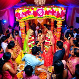 A vibrant Indian wedding scene showcasing the duality of traditions, featuring both a traditional ceremony with richly adorned brides and grooms in elaborate outfits, surrounded by colorful decorations, and a modern aspect with guests in contemporary attire mingling around