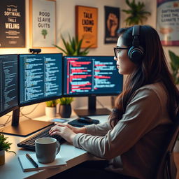 A highly skilled software developer focused on coding and software design, seated at a modern desk filled with dual monitors displaying complex code
