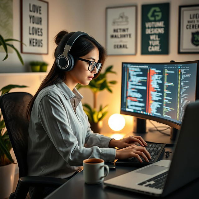 A highly skilled software developer focused on coding and software design, seated at a modern desk filled with dual monitors displaying complex code