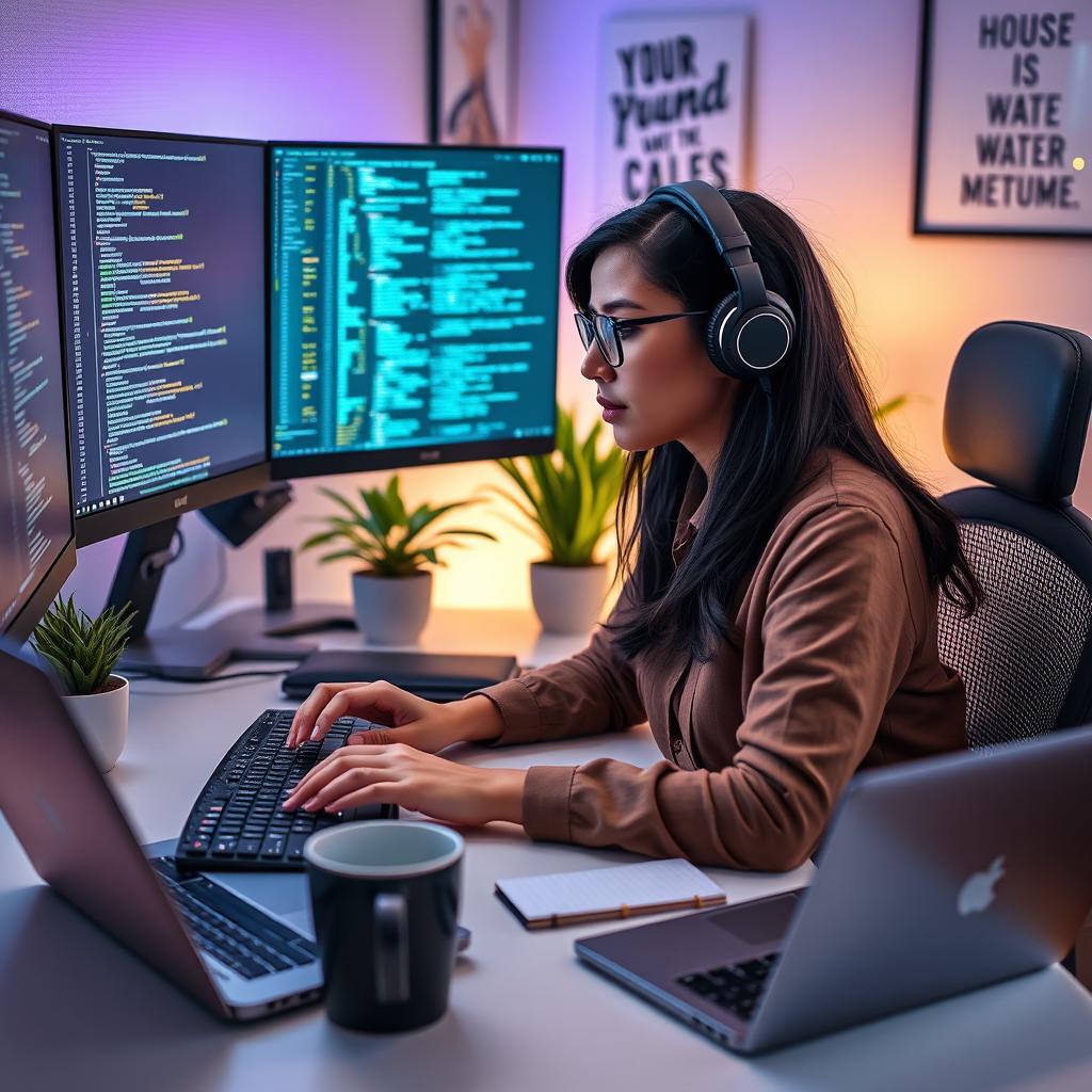 A highly skilled software developer focused on coding and software design, seated at a modern desk filled with dual monitors displaying complex code