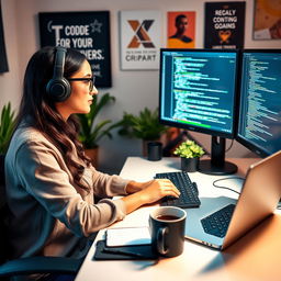 A highly skilled software developer focused on coding and software design, seated at a modern desk filled with dual monitors displaying complex code