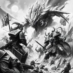 A dynamic Warhammer scene painted in a striking black and white style