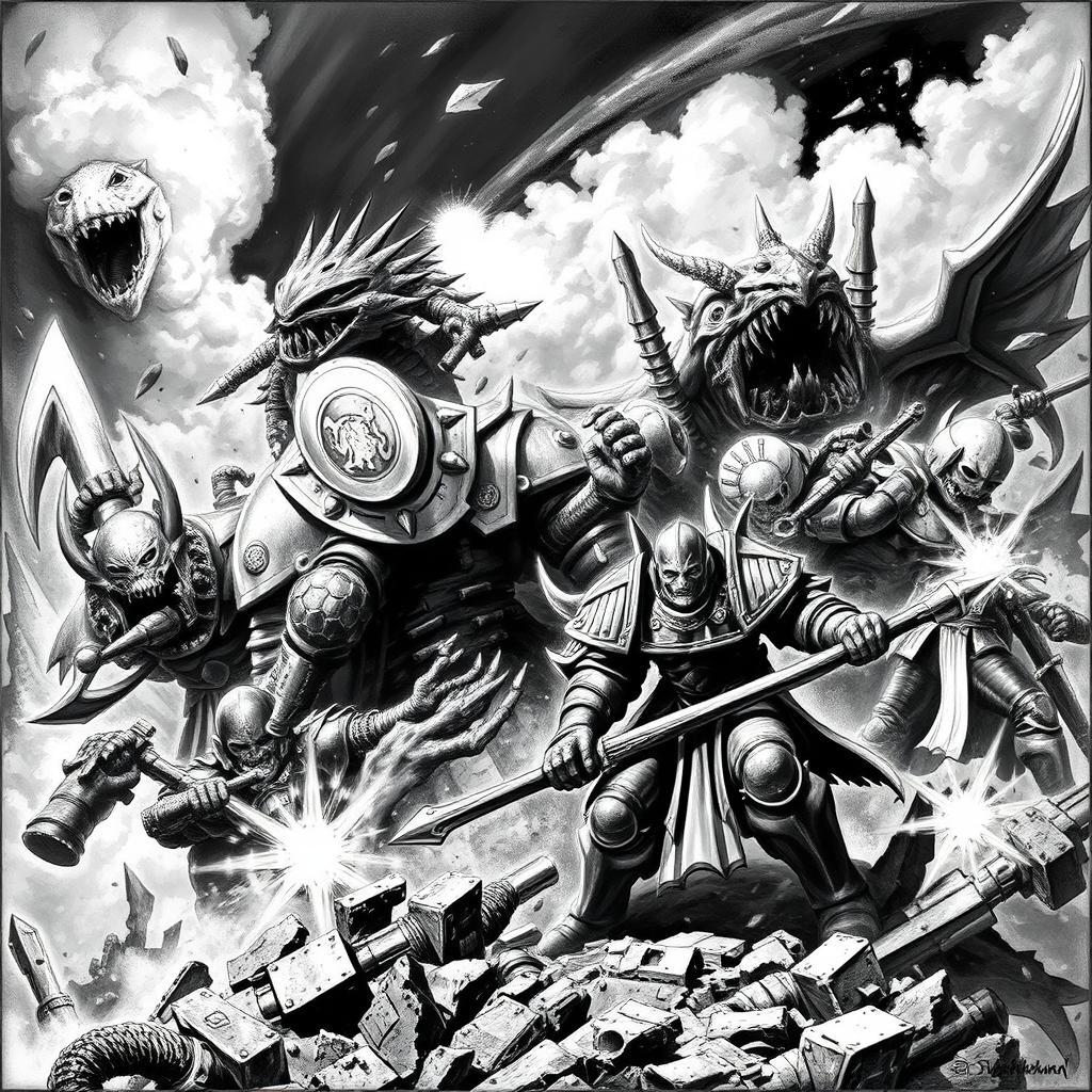 A dynamic Warhammer scene painted in a striking black and white style