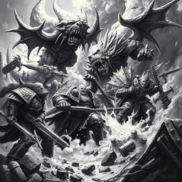 A dynamic Warhammer scene painted in a striking black and white style