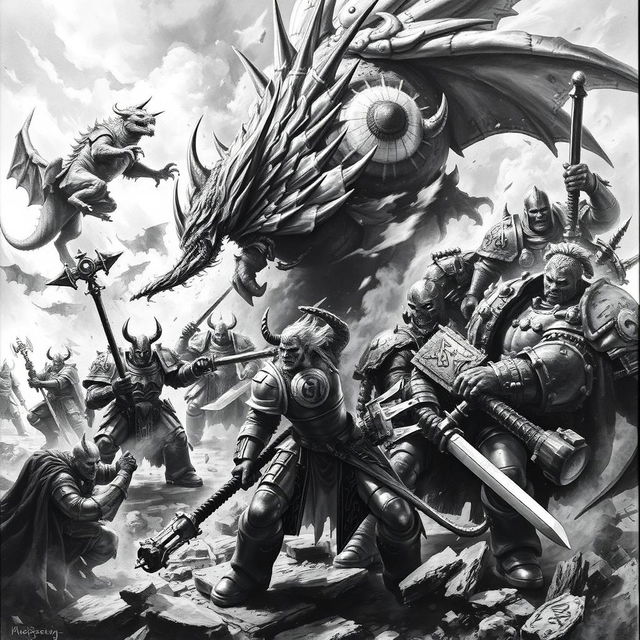 A dynamic Warhammer scene painted in a striking black and white style