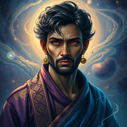 A portrait of a mysterious figure named Sukruth, surrounded by ethereal light and mystical symbols