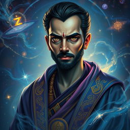 A portrait of a mysterious figure named Sukruth, surrounded by ethereal light and mystical symbols