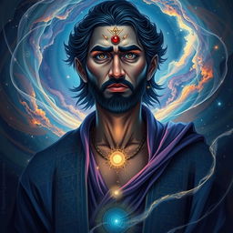 A portrait of a mysterious figure named Sukruth, surrounded by ethereal light and mystical symbols
