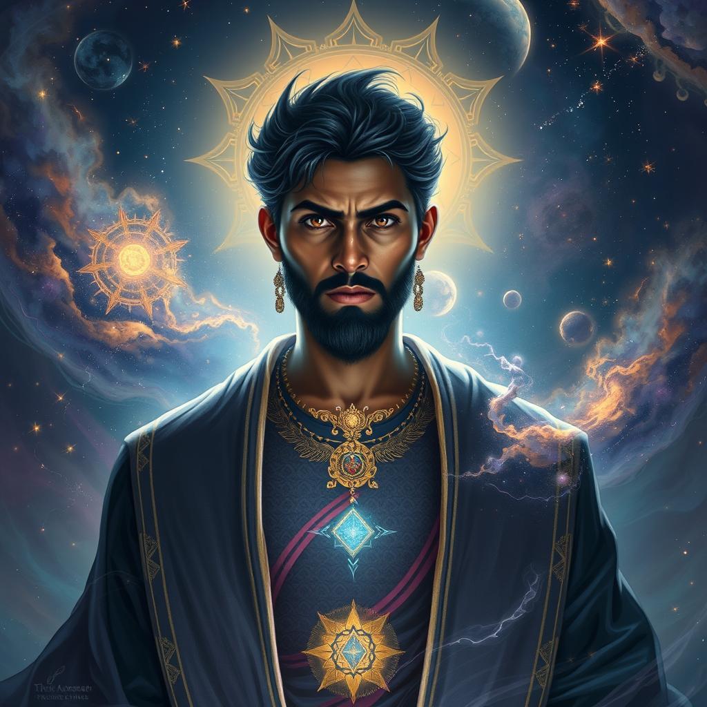 A portrait of a mysterious figure named Sukruth, surrounded by ethereal light and mystical symbols