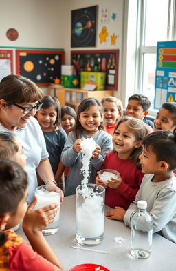 In a cheerful school classroom filled with colorful decorations, we see a group of diverse students engaged in a fun science experiment