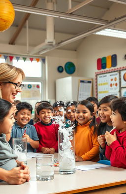 In a cheerful school classroom filled with colorful decorations, we see a group of diverse students engaged in a fun science experiment