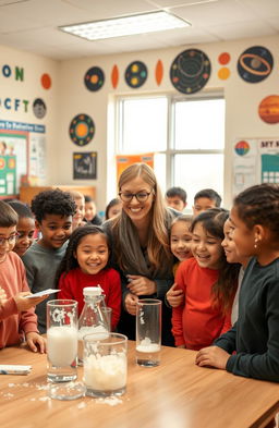 In a cheerful school classroom filled with colorful decorations, we see a group of diverse students engaged in a fun science experiment