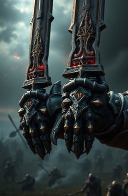 A pair of intricately designed Warhammer-style hands, adorned with detailed armor plating and glowing runes