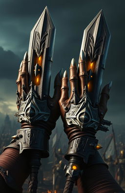 A pair of intricately designed Warhammer-style hands, adorned with detailed armor plating and glowing runes